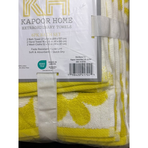 Kapoor Home 6-Piece Bath Towel Set Daisy Floral Checkered Lime Green White NEW - Picture 3 of 4